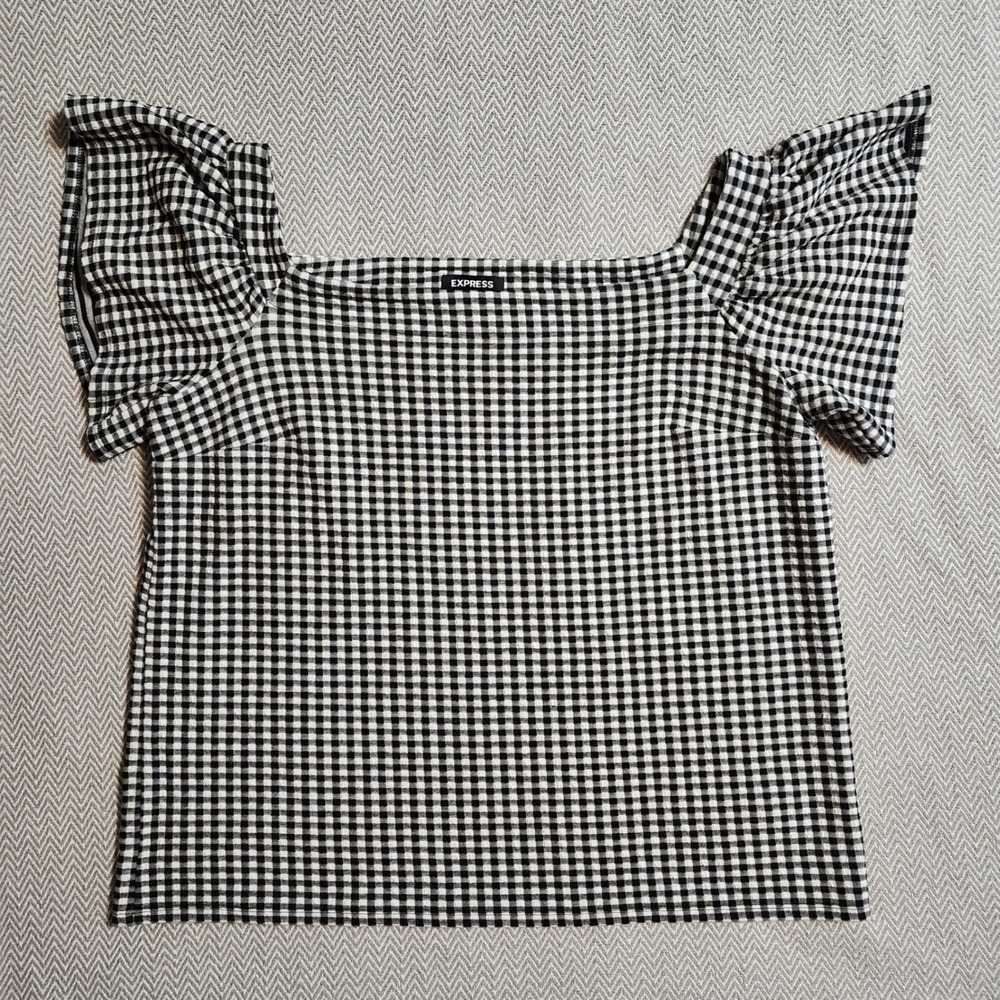 Express Womens Gingham Square Neck‎ Flutter Sleeve Blouse Black White Large
